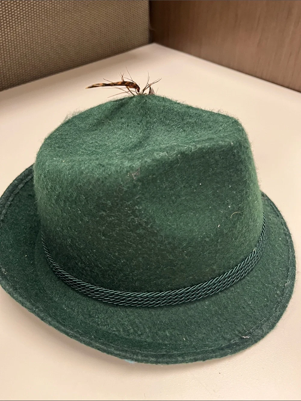Children's Green Felt Fedora Hat with Feather Trim